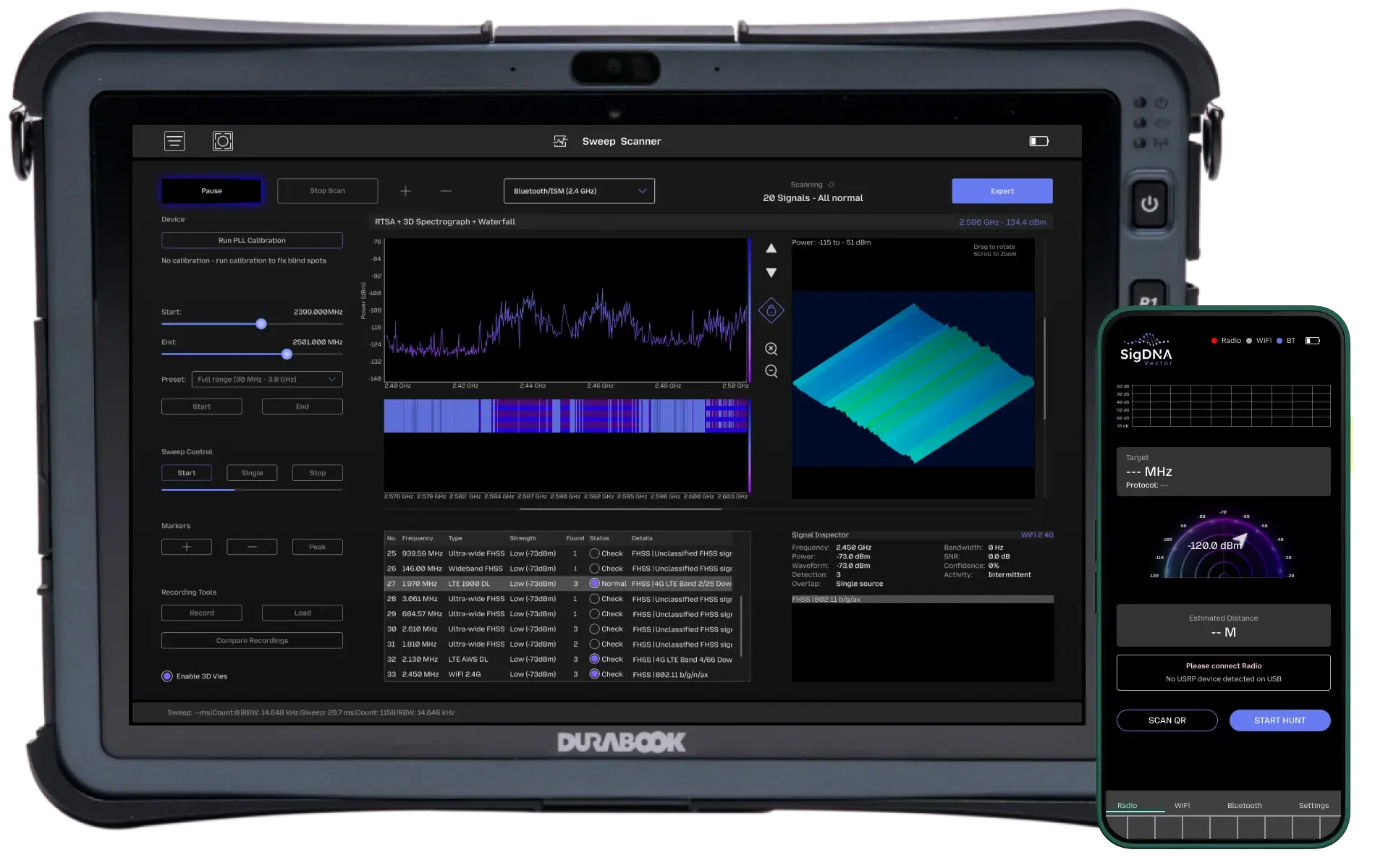 SigDNA rugged tablet Sweep Scanner interface alongside the SigDNA Vector handheld app