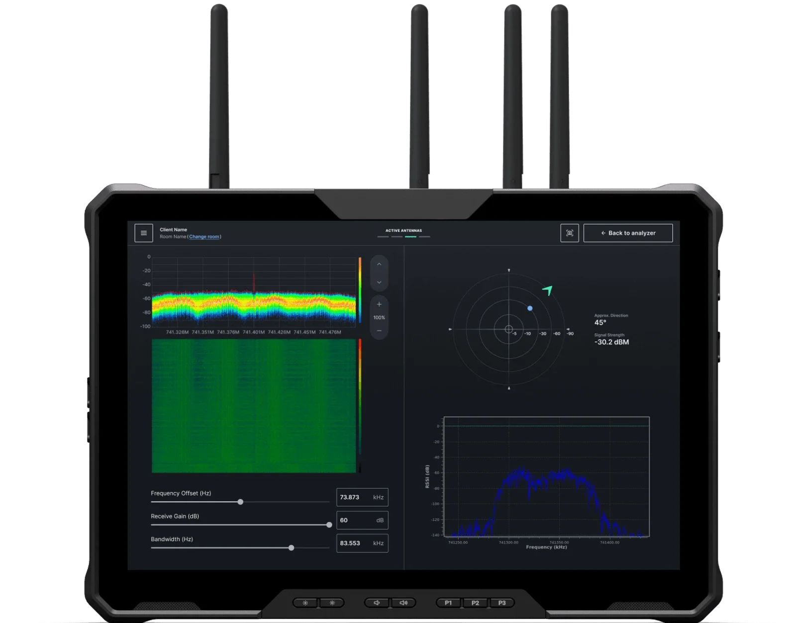 Dark Compass Signal Analyser device with multiple antennas showing spectrum analysis display