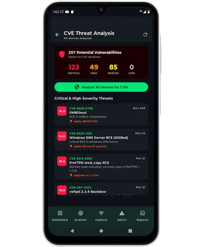 Net Shield CVE threat analysis showing vulnerability counts